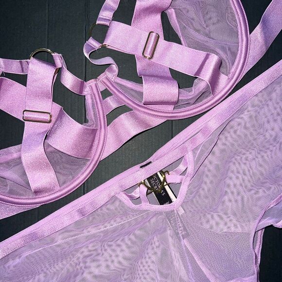 Victoria's Secret unlined 36DD BRA SET XL PANTY strappy banded mesh LILAC PURPLE - Picture 5 of 8